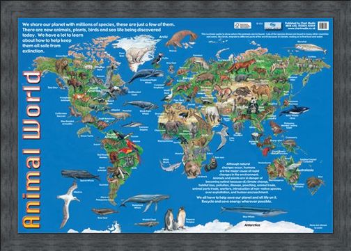 Framed Framed Animals of the World - Animal World Map